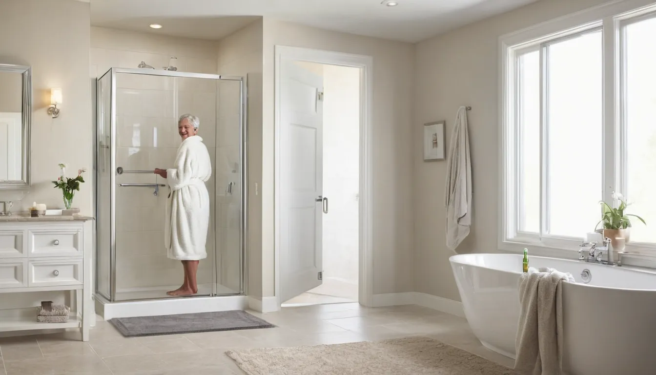 Homeowner sitting on the seat of a walk-in tub in a bright bathroom in Painesville